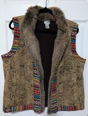 Vintage 90s Chico's Size 2 Faux Fur Tapestry Vest Southwestern Boho Art To Wear